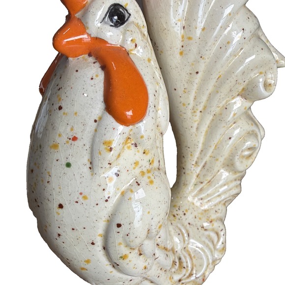 Pair Of 12" Tall Cream/yellow/orange Speckle MCM Rooster And Hen (hen Damaged) - Picture 6 of 16